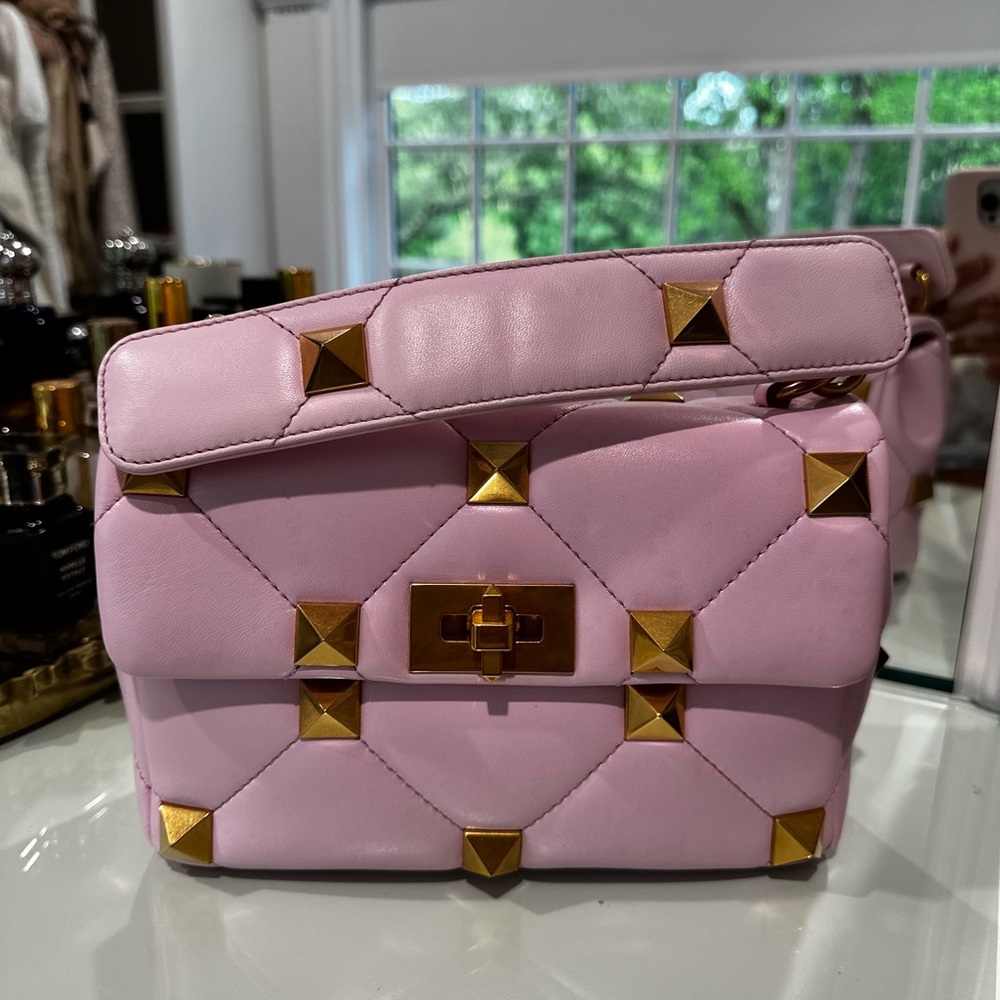 Valentino Garavani Pink and Gold Crossbody Bag with Pyramid Studs